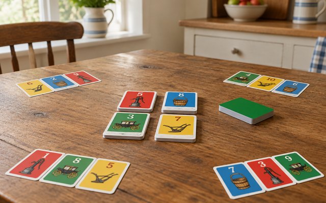 Card piles laid out mid-game on a farmhouse kitchen table