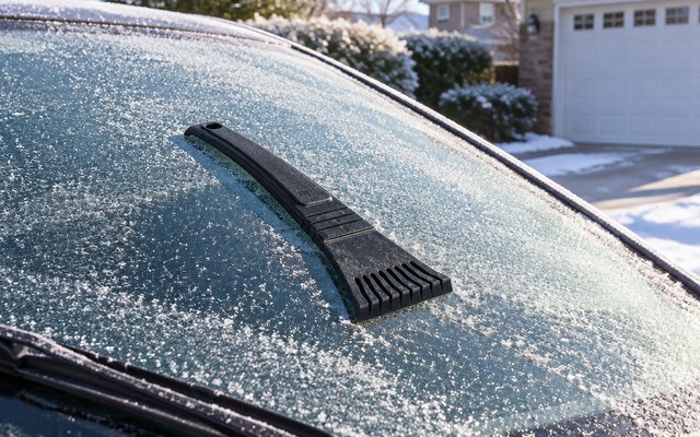 SubZero Bear Claw ice scraper, resting on the frosty windshield of a car parked in a suburban driveway on a cold, sunny morning