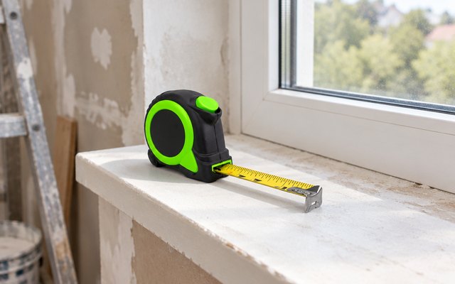 Komelon self-lock tape measure, on a windowsill in a room being renovated
