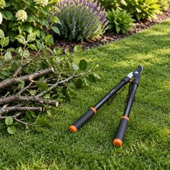 Fiskars 28-Inch Bypass Loppers, pair of bypass loppers lying on fresh green lawn beside a pile of pruned branches at the edge of a flower bed, garden in soft mo