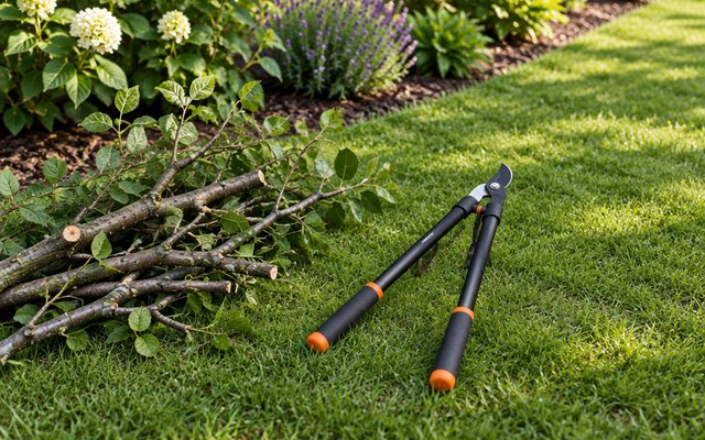 Fiskars 28-Inch Bypass Loppers, pair of bypass loppers lying on fresh green lawn beside a pile of pruned branches at the edge of a flower bed, garden in soft mo