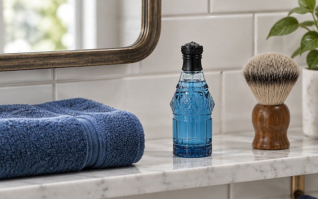 Cologne bottle, on a bathroom shelf beside a folded towel and a shaving brush