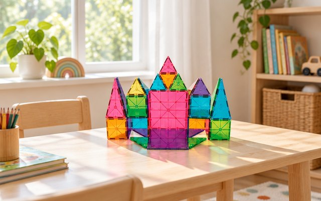 MAGNA-TILES 32-piece set, on a light wooden kids' table by a window