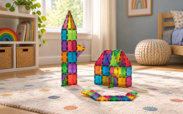 MAGNA-TILES 100-piece set, on a playroom rug in a sunny room
