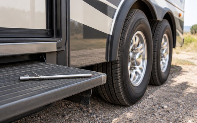 Dual-head tire pressure gauge, resting on the step of an RV beside its dual rear wheels