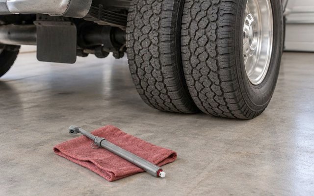 Brass dual-head stick tire gauge on a shop rag beside a truck’s dual rear wheels