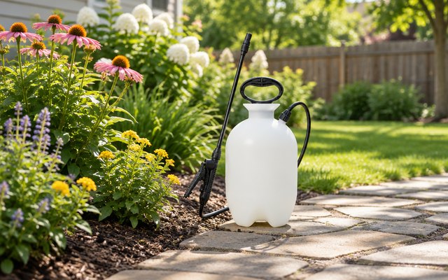 Chapin 1-gallon pump sprayer, standing on a stone path beside a flower bed in a sunny American backyard