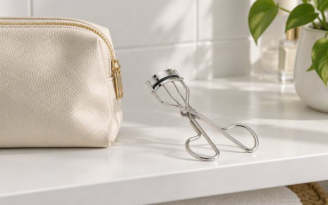 Eyelash curler, on a white bathroom shelf beside a make-up bag
