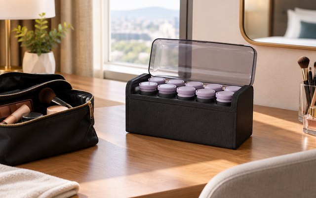 Remington Compact hot rollers, on a hotel room desk beside an open makeup bag