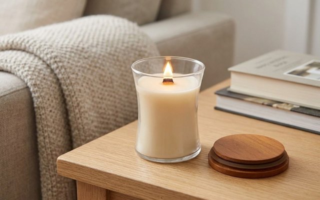 Lit hourglass candle of cream wax with its wooden lid beside it on an oak side table by a sofa