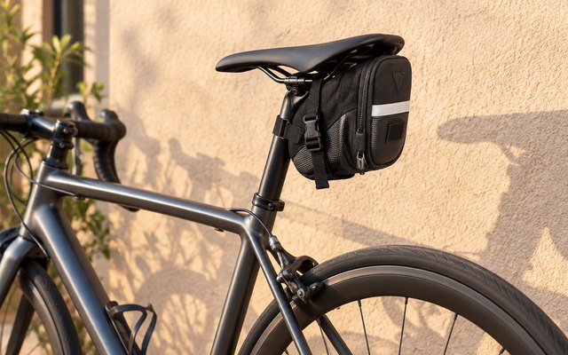 Topeak Aero Wedge Pack, saddle bag fitted under the saddle of a road bike leaning on a wall in warm afternoon light, seen from the side at a little distance