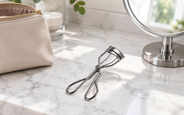 Shiseido eyelash curler, on a white marble bathroom vanity beside a small cosmetics pouch and a round mirror