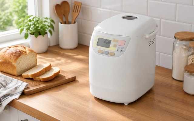 Zojirushi Mini bread maker, on a small apartment kitchen counter beside a tiled backsplash and a cutting board with a few slices of bread
