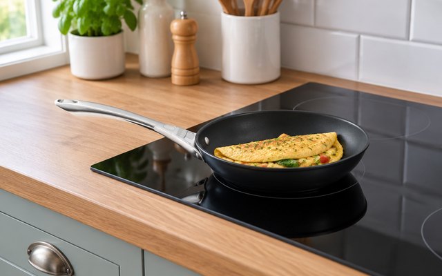 Frying pan, on a ceramic hob in a British kitchen