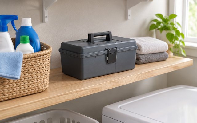 Plano Grab-N-Go tool box, on a laundry room shelf beside a basket of cleaning supplies