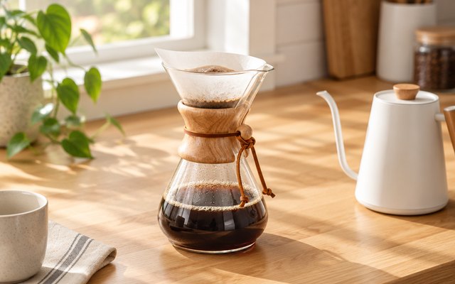 A glass hourglass pour-over coffeemaker with a wooden collar on a sunny kitchen counter