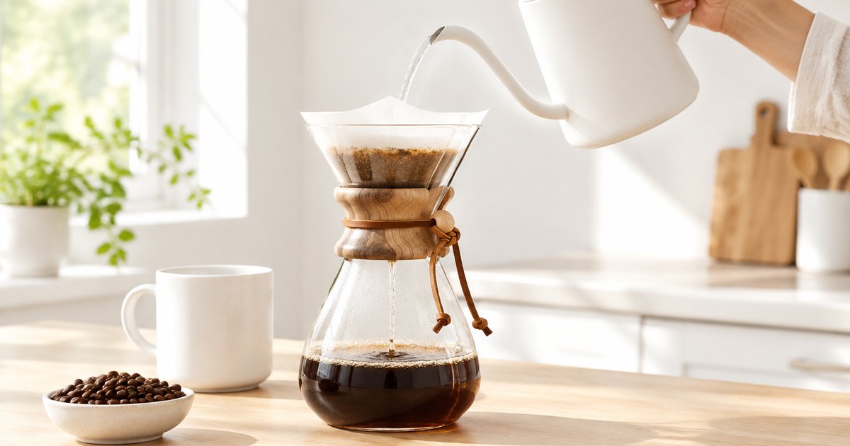 Hot water poured from a plain gooseneck kettle into a glass pour-over coffeemaker on a sunny kitchen counter