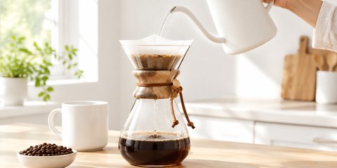 Hot water poured from a plain gooseneck kettle into a glass pour-over coffeemaker on a sunny kitchen counter