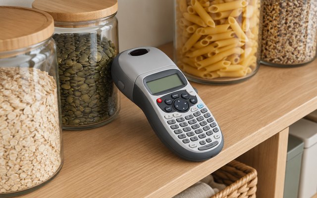 DYMO LetraTag 100H Plus, on a pantry shelf beside glass storage jars