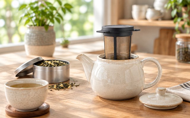 Finum mesh brewing basket in a teapot on a counter