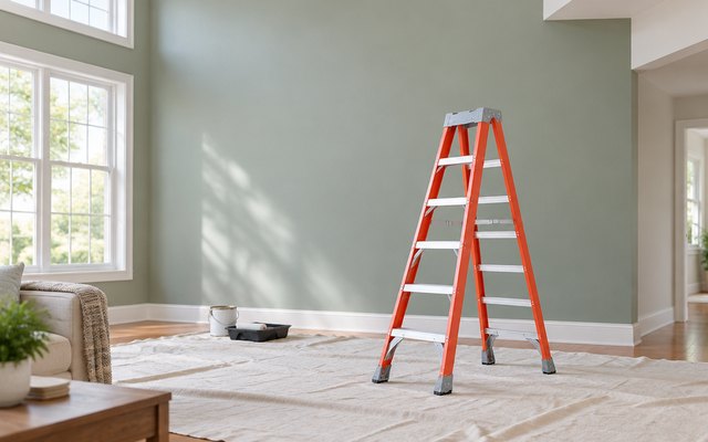 Louisville 6 ft fiberglass ladder, in a living room with a high ceiling, a drop cloth on the floor and a freshly painted wall behind