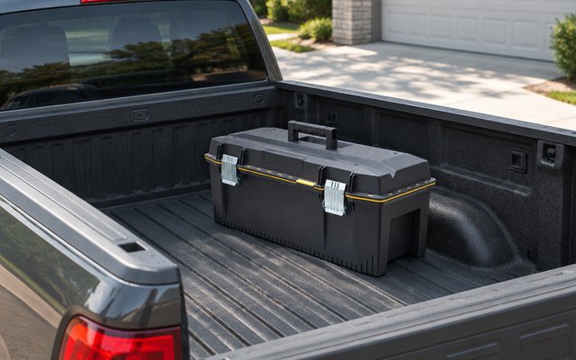 STANLEY FatMax 28 in toolbox, in the bed of a pickup truck parked in a driveway