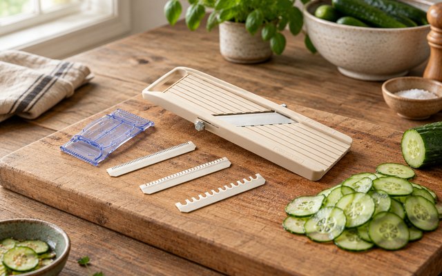 Benriner Japanese mandoline, on a wooden chopping board in a rustic kitchen, fine cucumber slices beside it