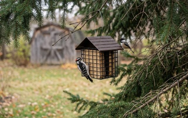 Double suet feeder with a metal roof, hanging in a spruce tree with a woodpecker