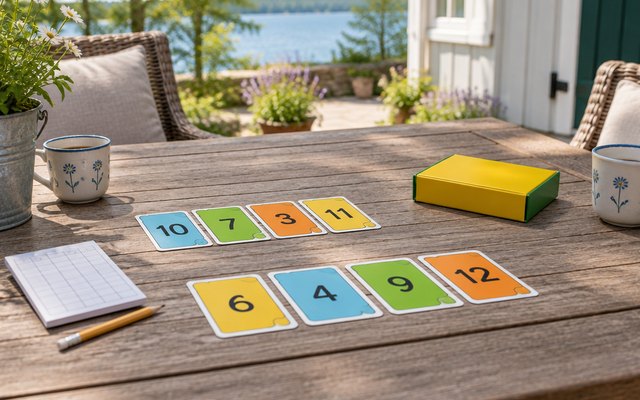 Numbered cards laid out in rows on a cottage patio table
