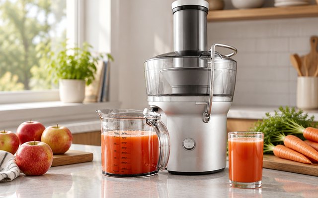 Breville Juice Fountain Compact, centrifugal juicer on a kitchen counter with whole apples and carrots and a glass of fresh orange-red juice