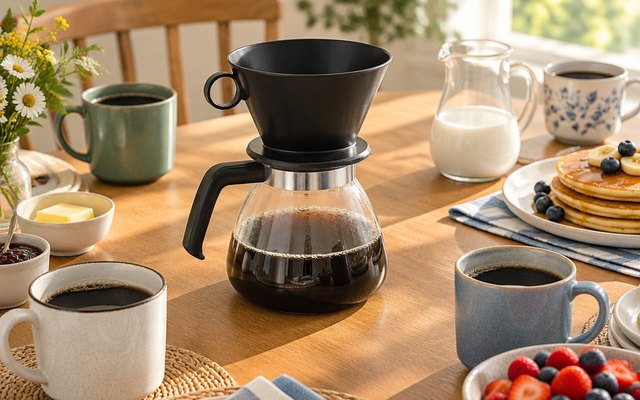 Melitta 52 oz pour-over, pour-over cone on a glass carafe on a brunch table