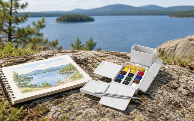 Winsor & Newton Cotman Field Pocket Set, on a flat rock beside a small sketchbook with a watercolor landscape, a lake view behind