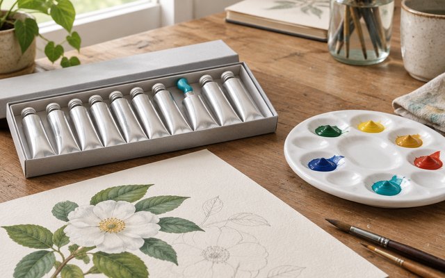 Gouache paint set, open box of tubes on an illustrator's desk beside a palette