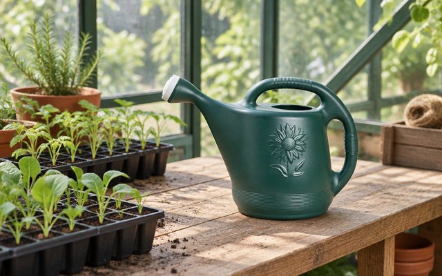Root & Vessel 2-gallon watering can, on a wooden potting bench in a small greenhouse beside trays of seedlings