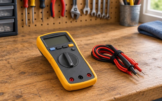 Fluke 117 multimeter, on a garage workbench with its test leads coiled beside it