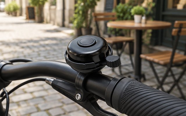Schwinn Classic Bike Bell, on the handlebar of a bike on a quiet cobbled street, cafe tables behind