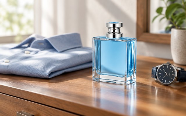 Nautica Voyage Eau de Toilette, cologne bottle on a wooden dresser beside a folded shirt and a watch, soft morning light