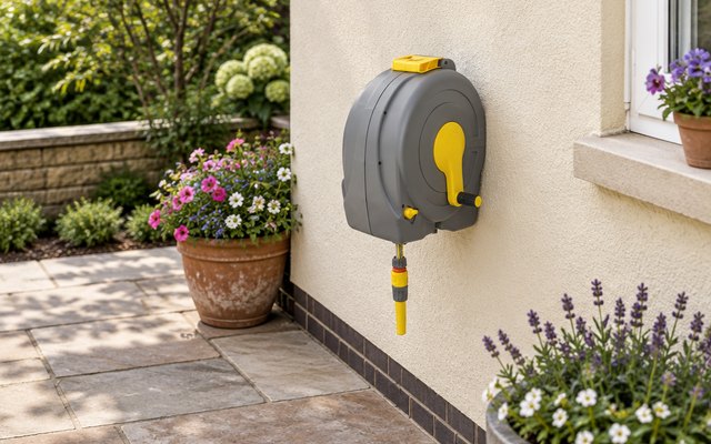 Hozelock Fast Reel wall-mounted hose reel, on a house wall by the patio