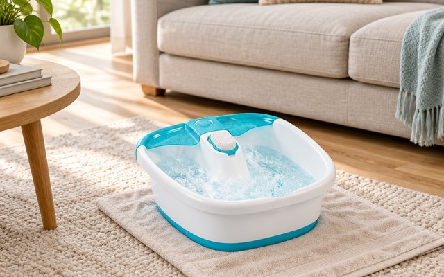 Homedics Bubble Mate foot spa, on a towel on the living-room floor in front of a sofa