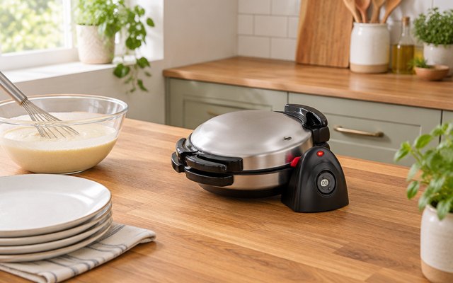 Rotating Belgian waffle maker, on a wooden kitchen island beside a bowl of batter and a stack of plates, closed and cooking
