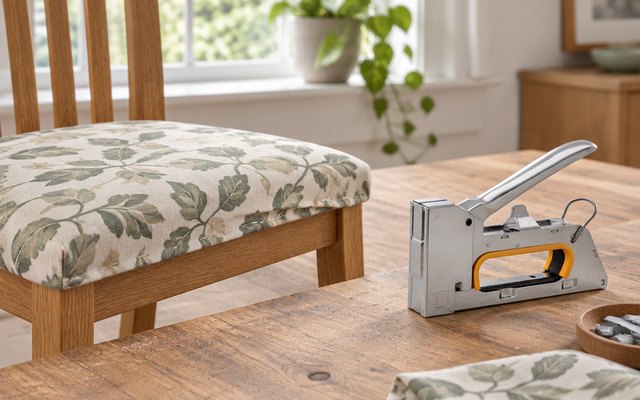 Rapid R23E staple gun, on a workbench beside a dining chair seat being re-covered in patterned fabric