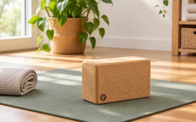 Manduka Cork Yoga Block, yoga blocks on a yoga mat in a bright room with wooden floors and a plant