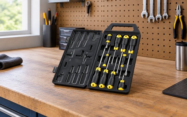 Screwdriver set, on a garage workbench in front of a pegboard