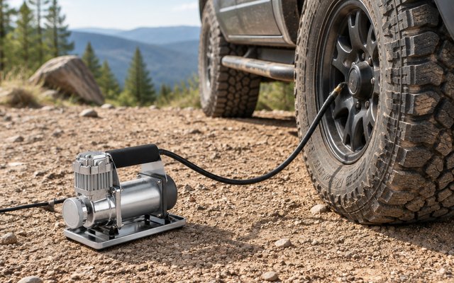 VIAIR 300P air compressor, on the dirt beside an off-road SUV's chunky tire at a trailhead