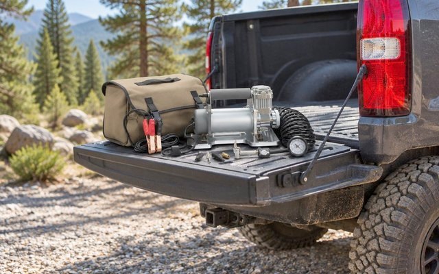 Silver portable compressor with its coiled hose on a pickup tailgate by a gravel trail