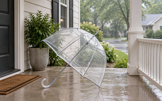 Clear dome umbrella resting on a covered front porch, rain falling beyond