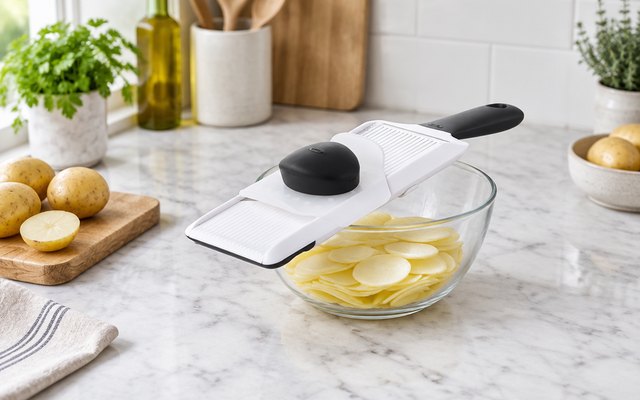 OXO handheld mandoline, resting over a glass bowl of sliced potatoes on a marble counter