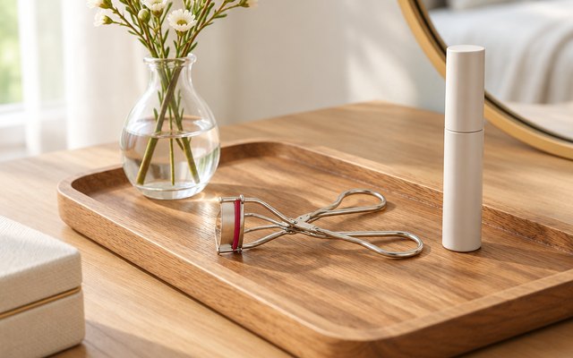 Kevyn Aucoin eyelash curler, on a wooden tray on a bedroom dressing table beside a plain mascara tube and a bud vase