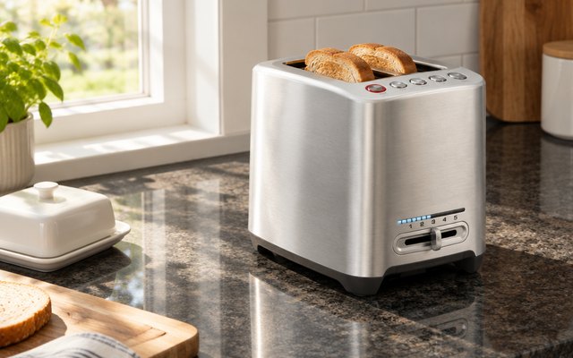 Breville Die-Cast Smart Toaster, on a dark granite counter beside a butter dish, morning sun