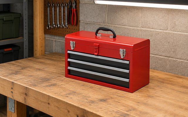 CRAFTSMAN 3-drawer tool chest, on a wooden basement workbench under a shop light